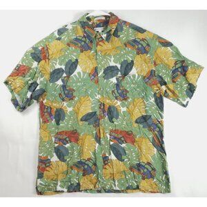Pierre Cardin Shirt Mens Large Yellow Green White Hawaiian Short Sleeve